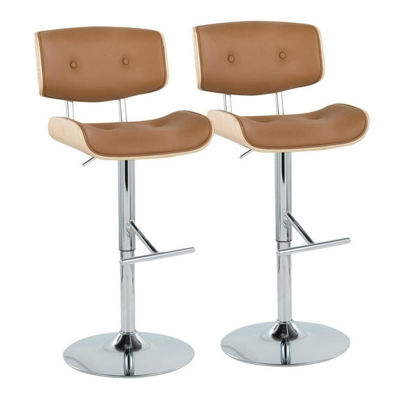 Lombardi Contemporary Adjustable Barstool with Swivel in Chrome Metal, Natural Wood and Camel Faux Leather with Straight T Footrest by LumiSource - Set of 2