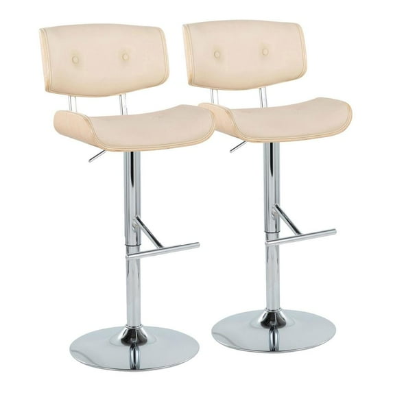 LumiSource Chrome Metal, Natural Wood, Cream PU Lombardi Adjustable Barstool - Set of 2