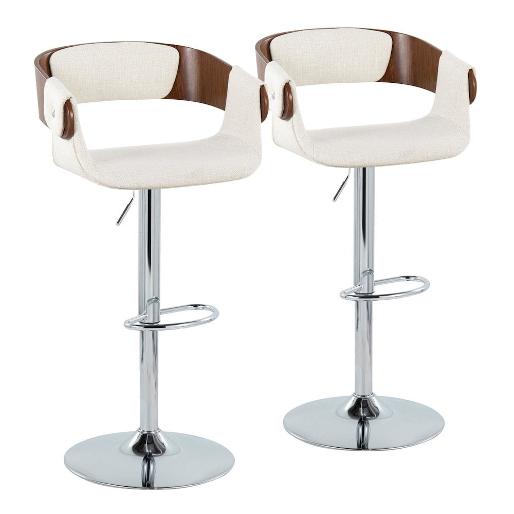 Cream Fabric Walnut Wood Chrome Adjustable Swivel Bar Stool