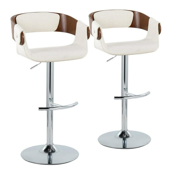 LumiSource Chrome Metal, Walnut Wood, Cream Fabric Elisa Adjustable Barstool - Set of 2