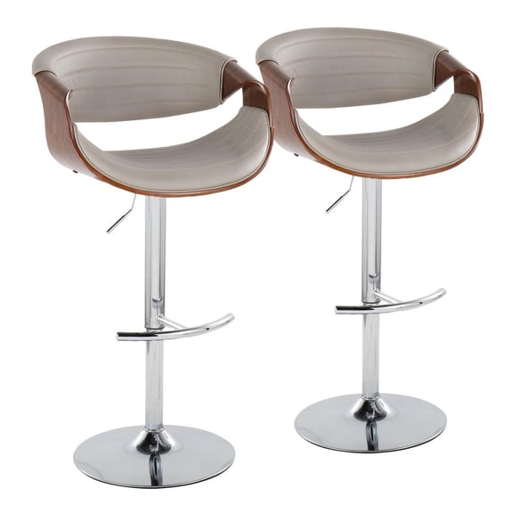 LumiSource Chrome Metal, Walnut Wood, Grey PU Symphony Adjustable Barstool - Set of 2