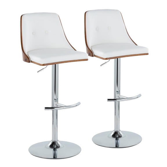 LumiSource Chrome Metal, Walnut Wood, White PU Gianna Adjustable Barstool - Set of 2