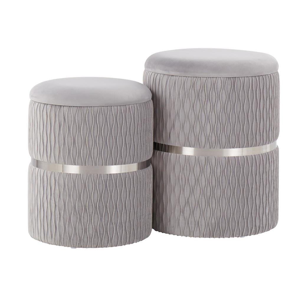 Silver Velvet and Chrome Round Nesting Ottoman Set