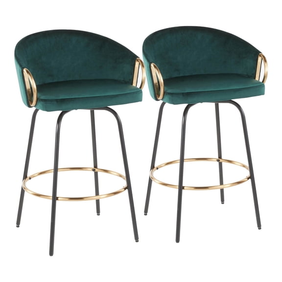 Claire Contemporary Glam Counter Stool In Black Metal And Emerald Green Velvet With Gold Metal Accent - Set Of 2