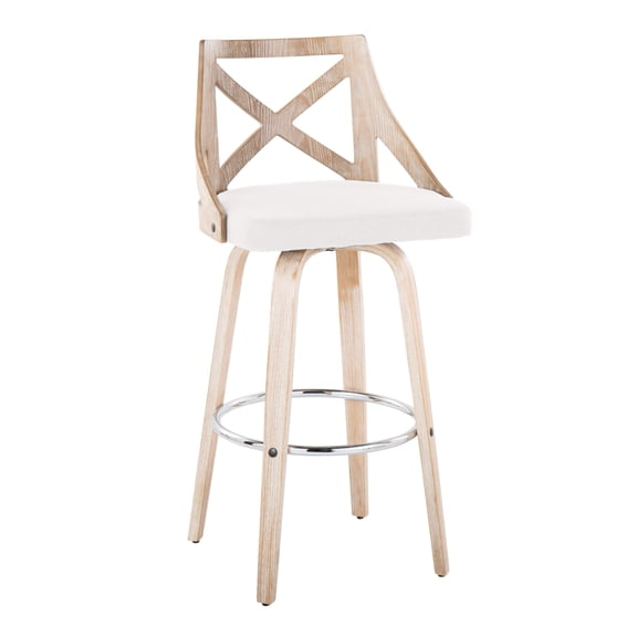 The Gray Barn Charlotte 30" Fixed-Height Bar Stool with Bent Wood Legs (Set of 2) Cream Fabric/White Washed Wood/Chrome Footrest