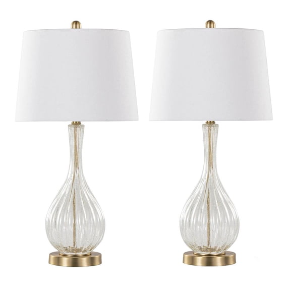 27" Clear Crackle Glass Table Lamps w/ Ribbed Teardrop Base and Off-White Linen Shades (Set of 2)