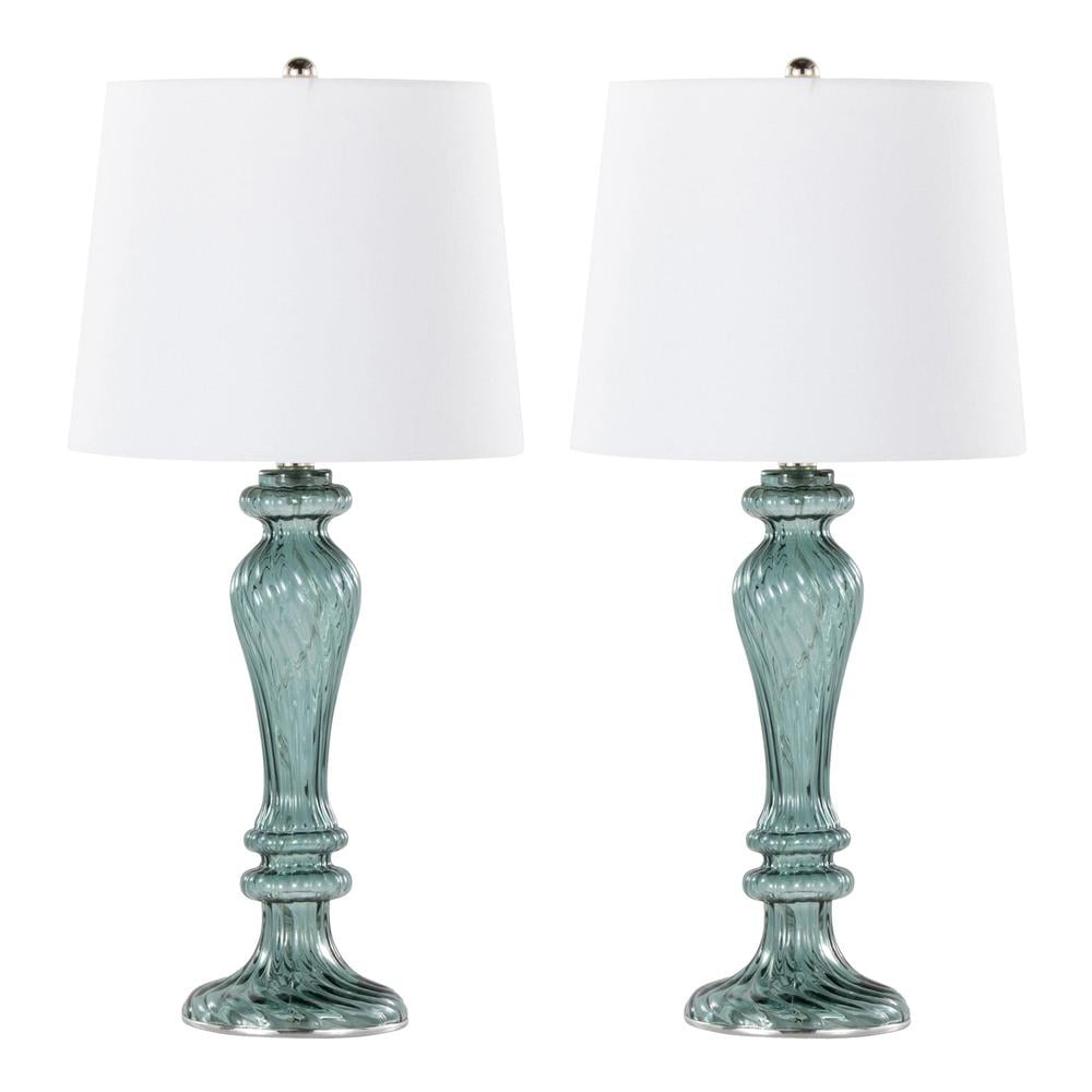 Set of 2 Smokey Turquoise Glass Table Lamps with White Linen Shades