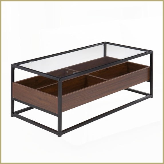 LumiSource Contemporary Black Metal Walnut Glass Coffee Table with Storage for Living Room