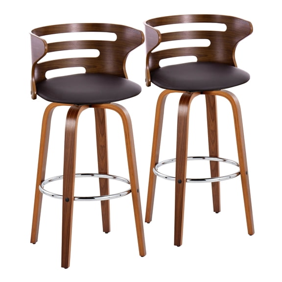 Cosini 30" Fixed Height Barstool in Walnut Wood Finish with Round Chrome Footrest - Set of 2 (Brown Faux Leather)