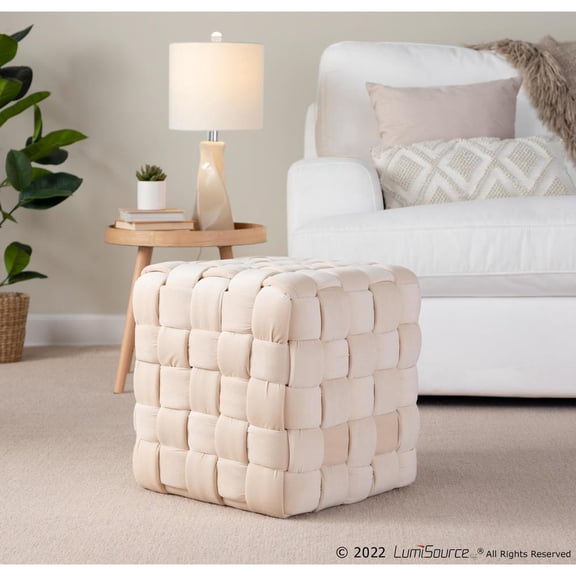 LumiSource Cream Velvet Braided Square 16" Ottoman