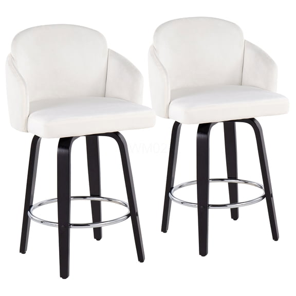 LumiSource Dahlia Cream Velvet Counter Stools Set of 2, Swivel Bar Stools with Chrome Footrest and Gold Accents for Kitchen Island