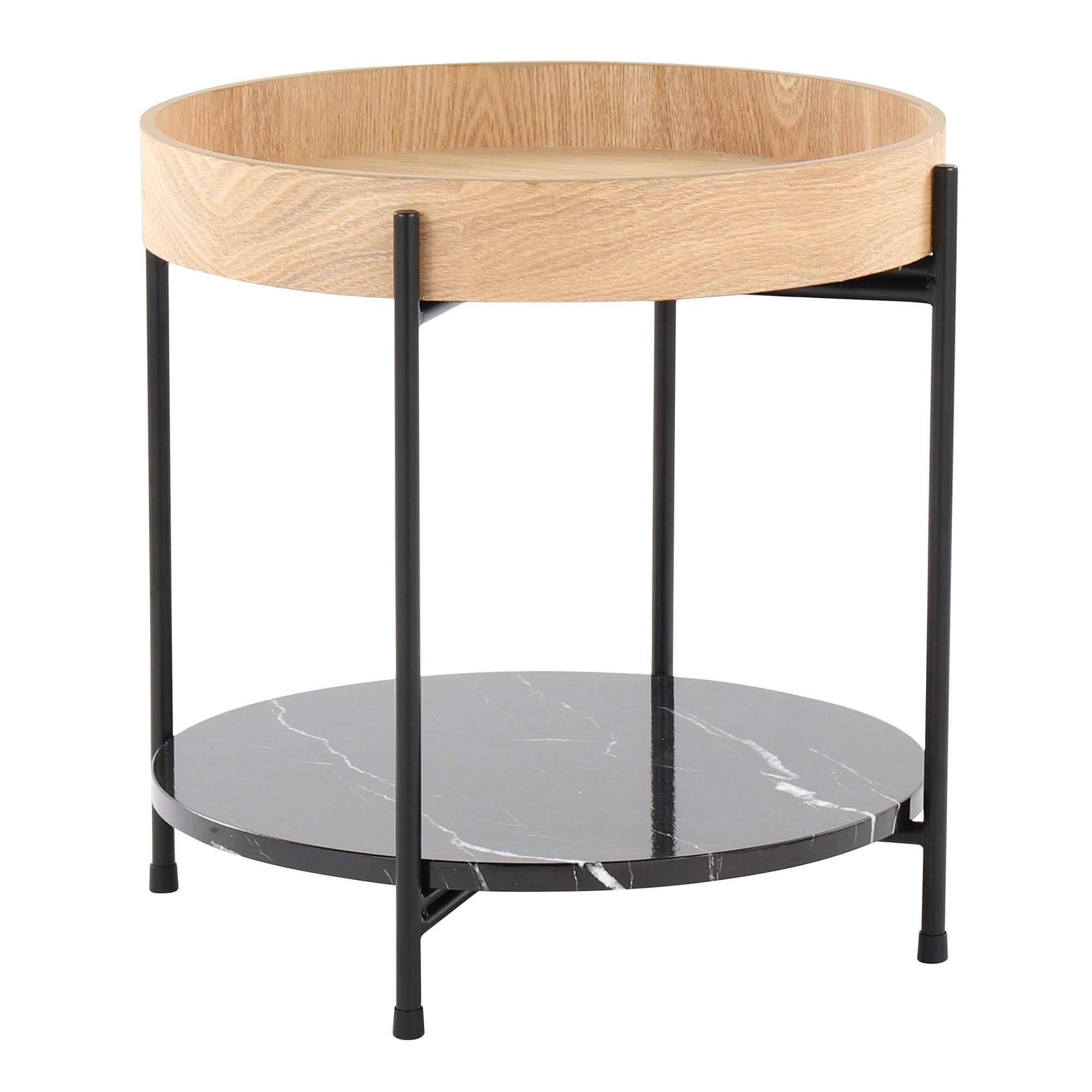 Round Black Metal and Natural Wood End Table with Faux Marble Shelf