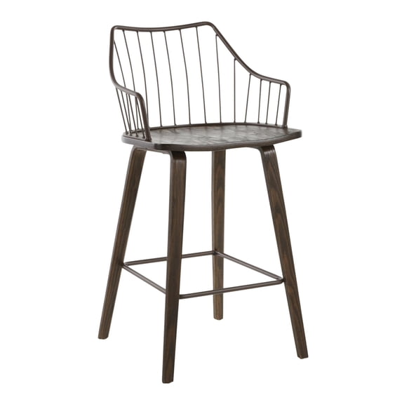 Winston Farmhouse Counter Stool In Dark Walnut Wood And Brown Metal