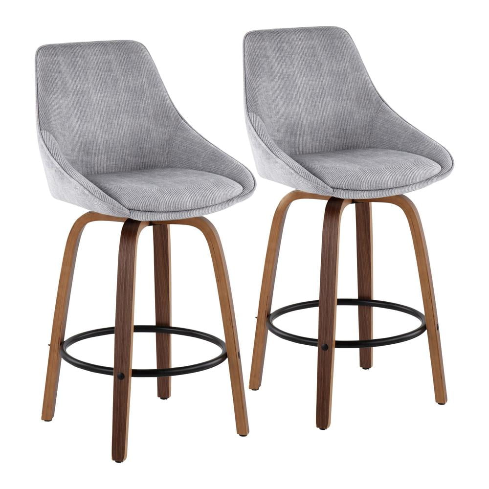 Modern Swivel Corduroy Gray Counter Stools with Walnut Wood Legs - Set of 2