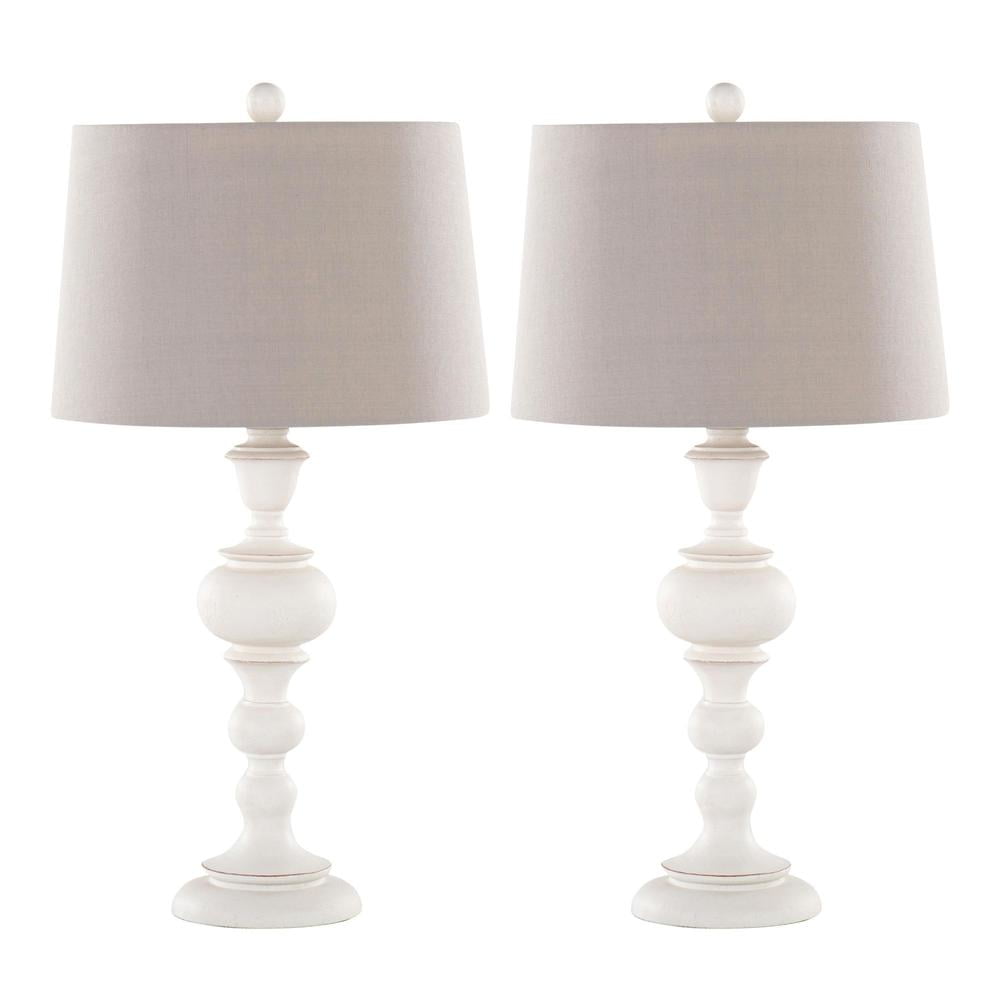30" Distressed Off-White Polyresin Table Lamps with Gray Linen Shades, Set of 2