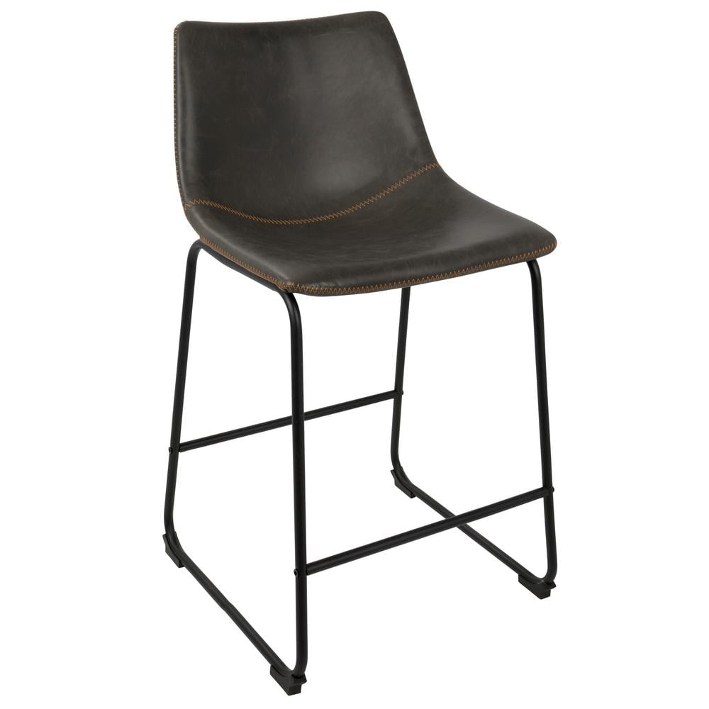 Set of 2 Black and Gray Faux Leather Counter Stools with Orange Stitching