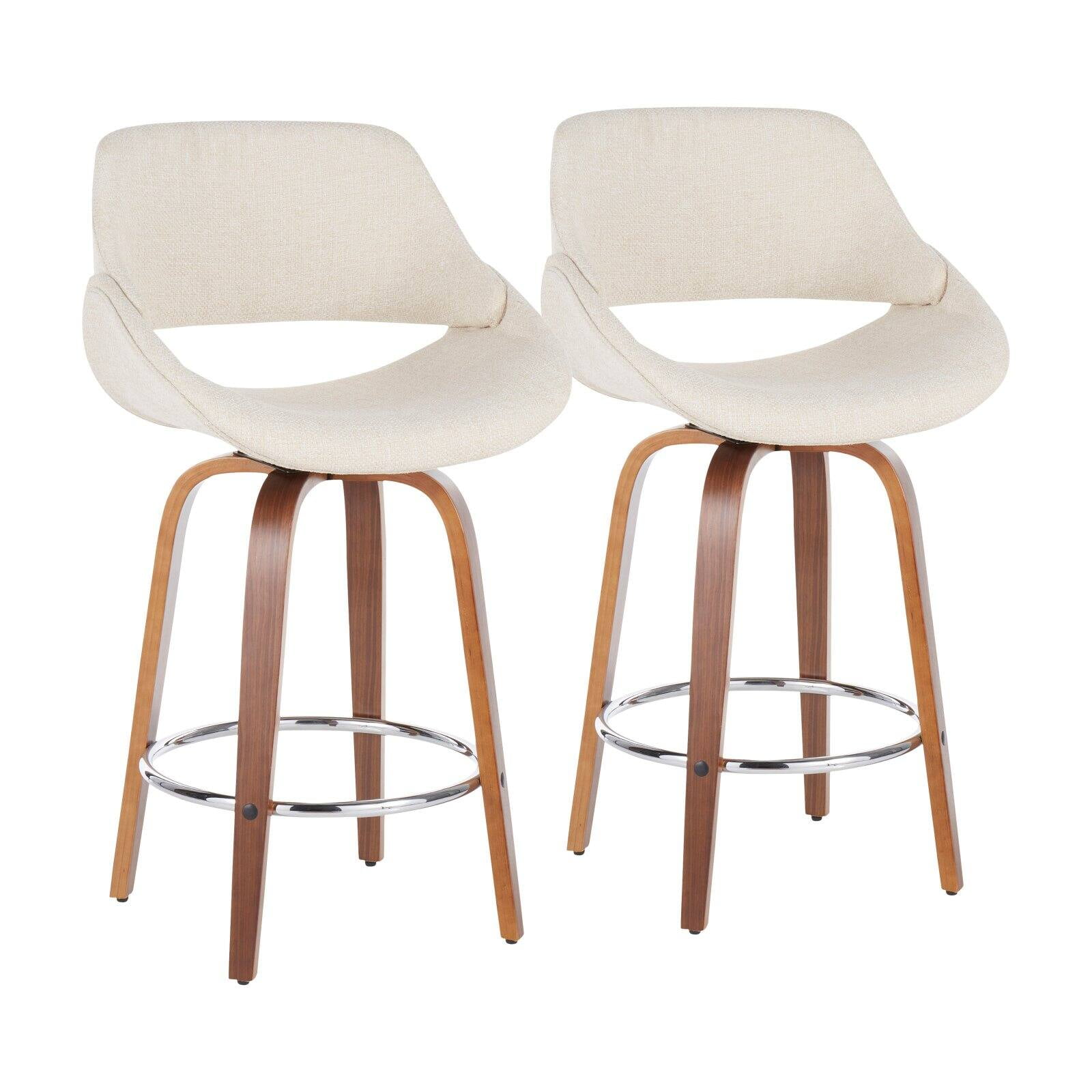 Set of 2 Cream Fabric Walnut Swivel Counter Stools