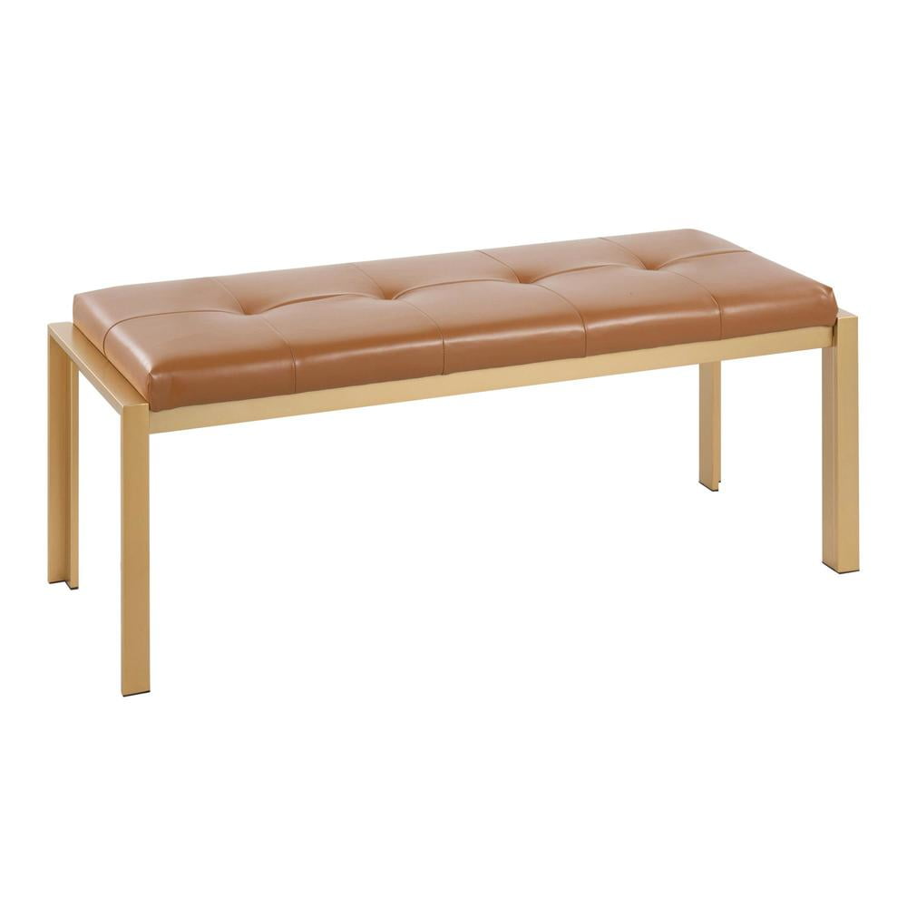 46" Camel Faux Leather Bench with Gold Metal Frame