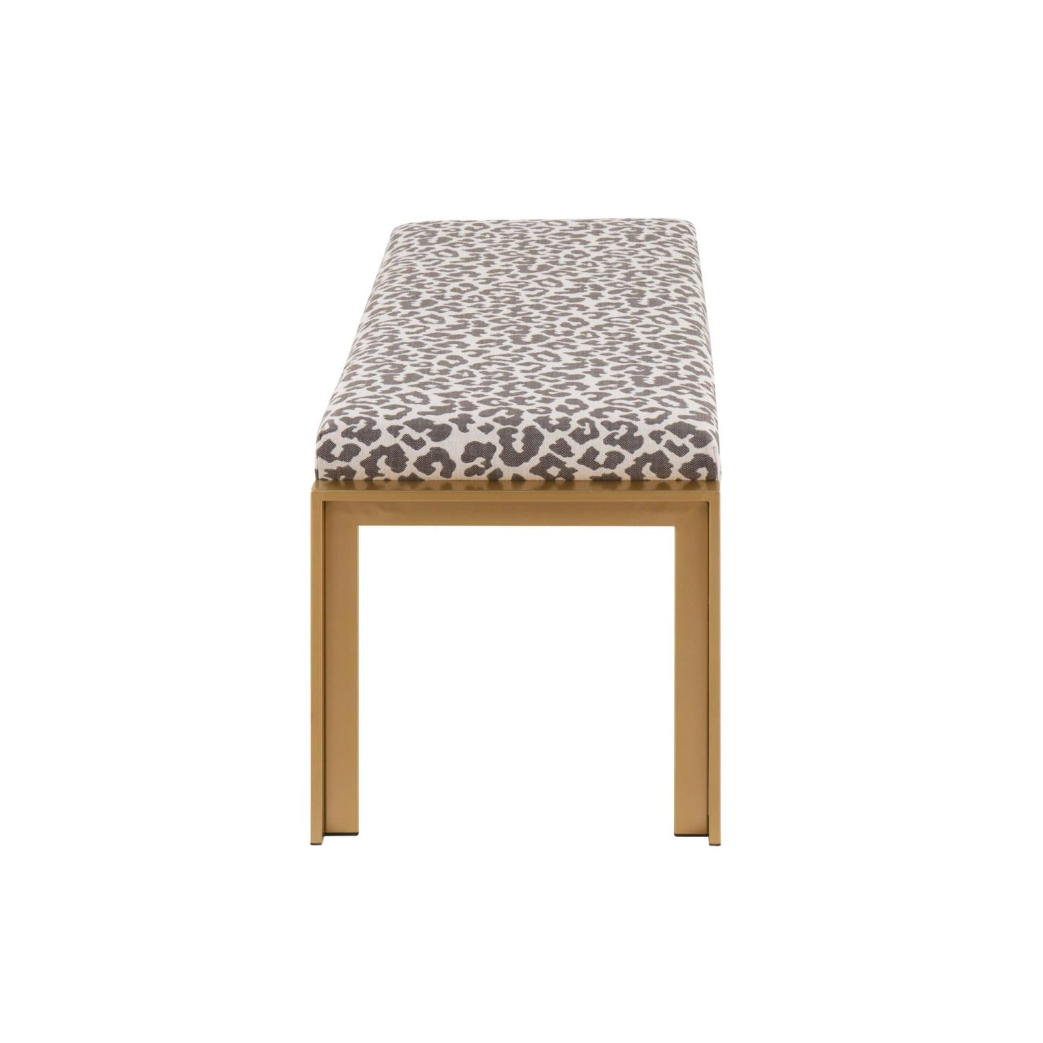 46" Beige Leopard Fabric Gold Metal Bench