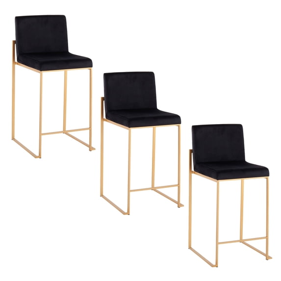 Fuji High Back Counter Stools for Kitchen Counter in Gold Metal, Counter Height Chairs, Bar Stools Set of 3, Counter Height Stools Set of 3, Bar Stools For Kitchen Island (Black Velvet)
