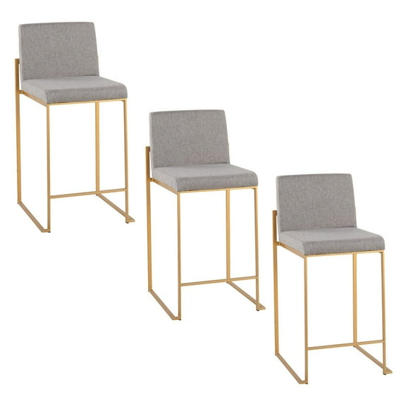 Fuji High Back Counter Stools for Kitchen Counter in Gold Metal, Counter Height Chairs, Bar Stools Set of 3, Counter Height Stools Set of 3, Bar Stools For Kitchen Island (Grey Fabric)