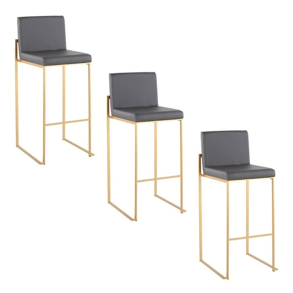 LumiSource Fuji High Back 30" Fixed-Height Barstool - Set of 3 in Gold Steel, Grey PU color