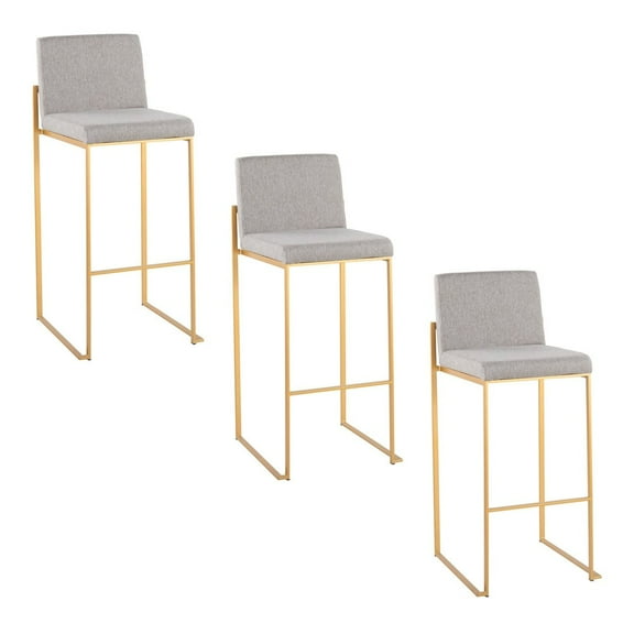 LumiSource Fuji High Back 30" Fixed-Height Barstool - Set of 3 in Gold Steel