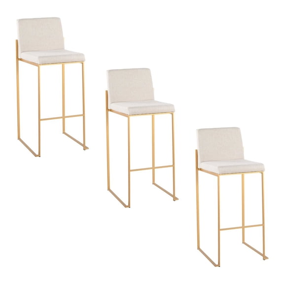 LumiSource Fuji High Back 30" Fixed-Height Barstool - Set of 3 in Gold Steel