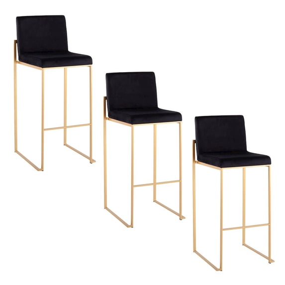 Fuji High Back Bar Stool Set of 3 Gold, Bar Chairs Set of 3, Gold Bar Stools, Bar Stools Set of 3 with Backs (Black Velvet)