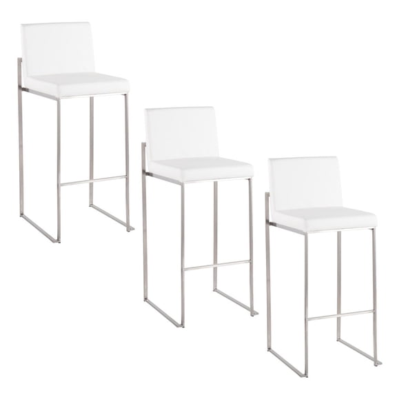 Fuji High Back Bar Stool Set of 3 Steel, Bar Chairs Set of 3, Stainless Steel Bar Stools, Bar Stools Set of 3 with Backs (White Faux Leather)