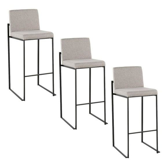 Fuji High Back Bar Stool Set of 3 Black, Bar Chairs Set of 3, Black Bar Stools, Bar Stools Set of 3 with Backs (Grey Fabric)