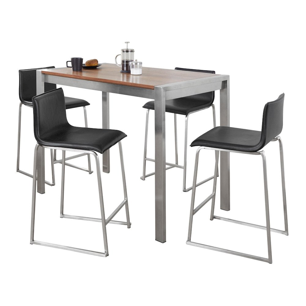 Walnut and Black Faux Leather 5-Piece Pub Dining Set