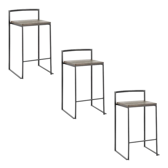 LumiSource Fuji Stacker 26" Fixed-Height Counter Stool - Set of 3 in Black Metal