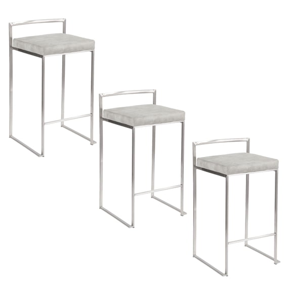 Fuji Stacker Counter Stools for Kitchen Counter in Stainless Steel, Counter Height Chairs, Bar Stools Set of 3, Counter Height Stools Set of 3 (Light Grey Cowboy Fabric)