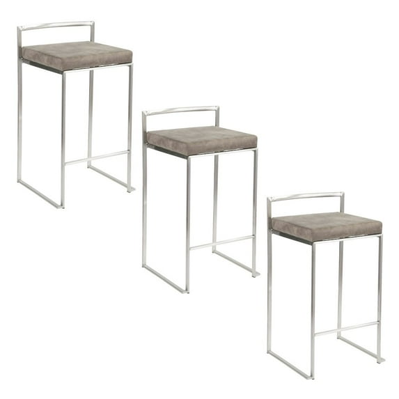 Fuji Stacker Counter Stools for Kitchen Counter in Stainless Steel, Counter Height Chairs, Bar Stools Set of 3, Counter Height Stools Set of 3, Bar Stools For Kitchen Island (Stone Cowboy Fabric)