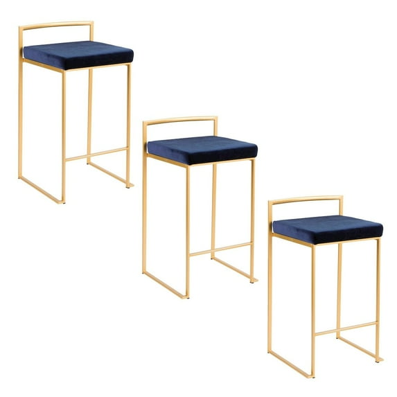 Fuji Stacker Counter Stools for Kitchen Counter in Gold Metal, Counter Height Chairs, Bar Stools Set of 2, Counter Height Chairs, Bar Stools For Kitchen Island (Blue Velvet)