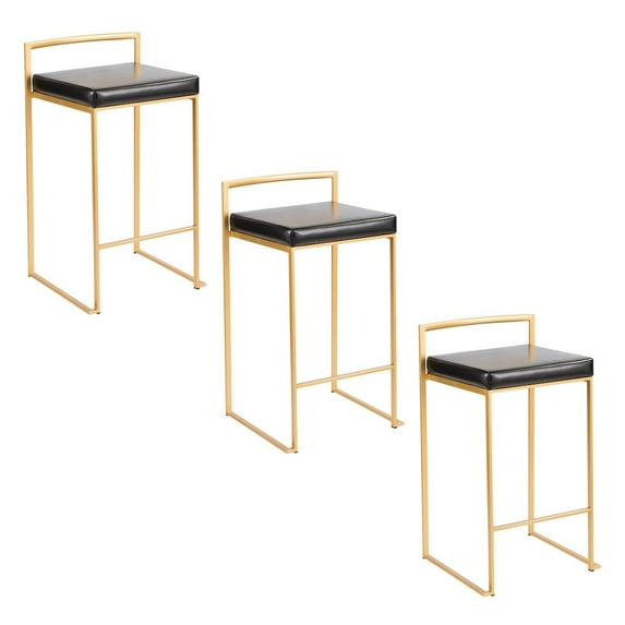 Fuji Stacker Counter Stools for Kitchen Counter in Gold Metal, Counter Height Chairs, Bar Stools Set of 2, Counter Height Chairs, Bar Stools For Kitchen Island (Black Faux Leather)