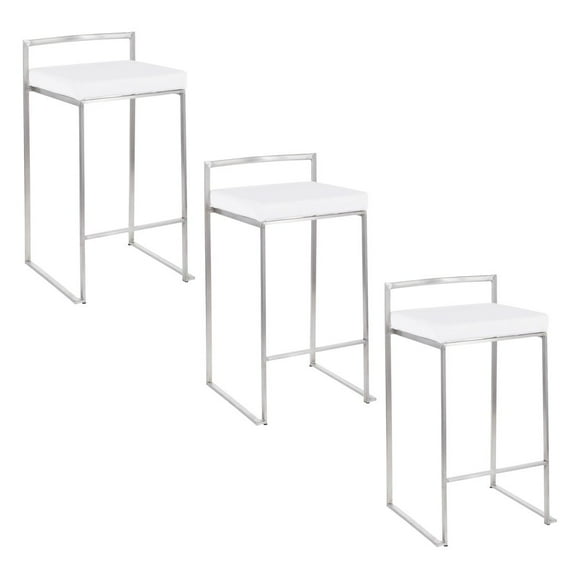 Fuji Stacker Counter Stools for Kitchen Counter in Stainless Steel, Counter Height Chairs, Bar Stools Set of 3, Counter Height Stools Set of 3, Bar Stools For Kitchen Island (White Velvet)