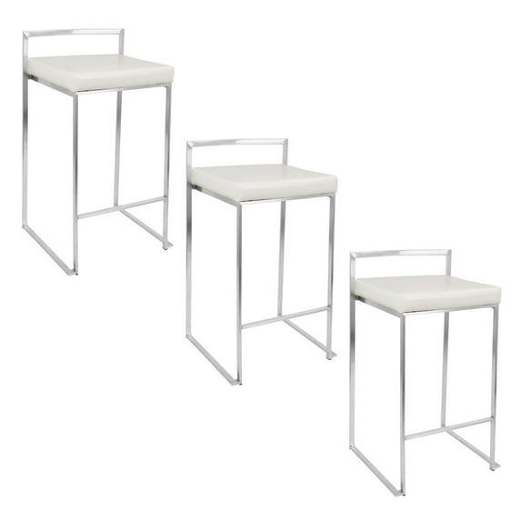 Fuji Stacker Counter Stools for Kitchen Counter in Stainless Steel, Counter Height Chairs, Bar Stools Set of 3, Counter Height Stools Set of 3, Bar Stools For Kitchen Island (White Faux Leather)