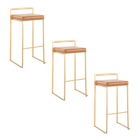 LumiSource Fuji Stacker 30" Fixed-Height Barstool - Set of 3 in Gold Steel, Camel PU color