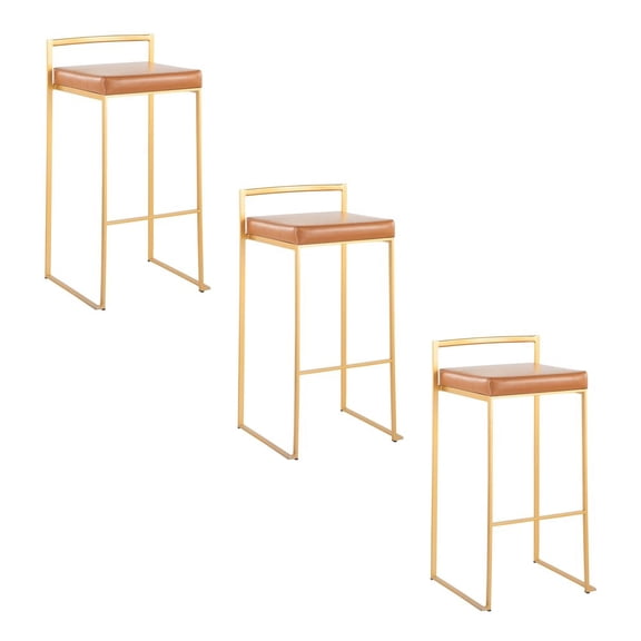 LumiSource Fuji Stacker 30" Fixed-Height Barstool - Set of 3 in Gold Steel, Camel PU color