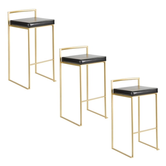 Fuji Stacker Fixed Height Barstool Set of 3 Gold, Bar Chairs Set of 3, Gold Bar Stools, Bar Stools Set of 3 Tall (Black Faux Leather)