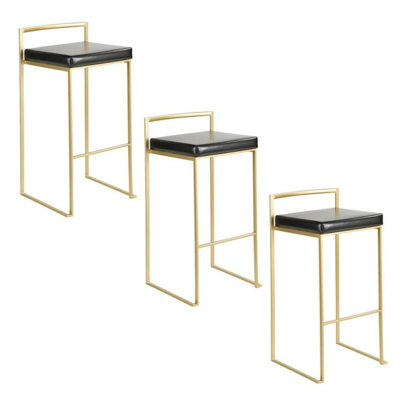 Fuji Stacker Fixed Height Barstool Set of 3 Gold, Bar Chairs Set of 3, Gold Bar Stools, Bar Stools Set of 3 Tall (Black Faux Leather)