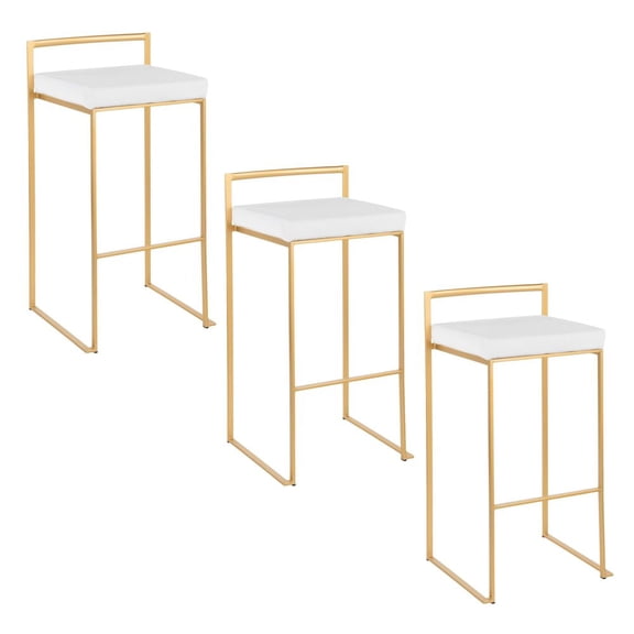 Fuji Stacker Fixed Height Barstool Set of 3 Gold, Bar Chairs Set of 3, Gold Bar Stools, Bar Stools Set of 3 Tall (White Velvet)