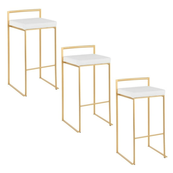 Fuji Stacker Fixed Height Barstool Set of 3 Gold, Bar Chairs Set of 3, Gold Bar Stools, Bar Stools Set of 3 Tall (White Velvet)