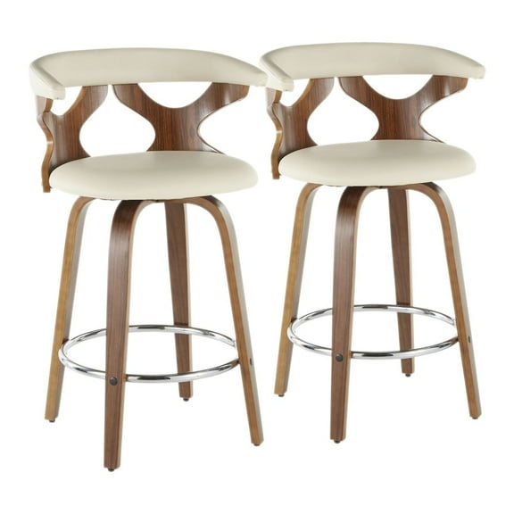 LumiSource Walnut Wood, Cream PU, Chrome Gardenia Counter Stool - Set of 2