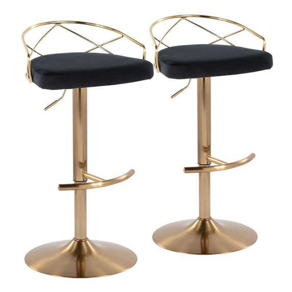 LumiSource Gold Metal, Black Velvet Charlotte Glam Adjustable Barstool - Set of 2