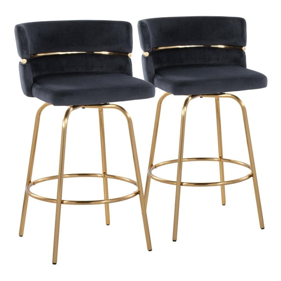 Cinch 26" Glam/Art Deco Fixed-Height Counter Stool with Swivel in Gold Metal and Black Velvet with Round Footrest by LumiSource - Set of 2