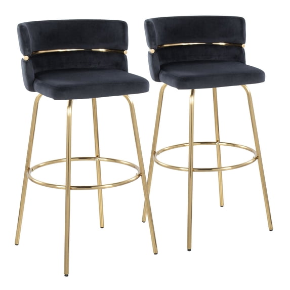 Cinch 30" Glam/Art Deco Fixed-Height Barstool with Swivel in Gold Metal and Black Velvet with Round Footrest by LumiSource - Set of 2