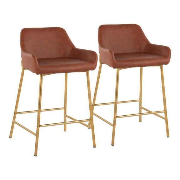 LumiSource Gold Metal, Camel PU Daniella Fixed-Height Counter Stool - Set of 2